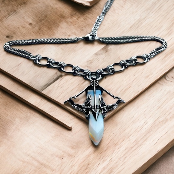 Maille links stainless steel necklace bow & arrow purple opalite stone charm - Picture 3 of 11